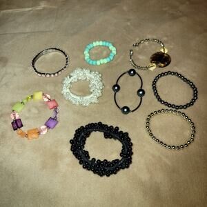 9pc Beaded Bracelet Stack Lot Blue Teal Pearl Crystal Boho Stacking Jewelry Set